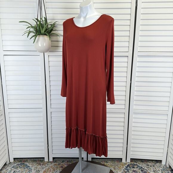 New Stevie‎ Hender Brick Red Tiered Maxi Dress Long Sleeve Stretch Knit Size L - Picture 1 of 8